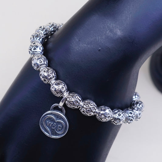 6.75”, sterling 925 silver handmade elastic bracelet textured beads N ASU charm