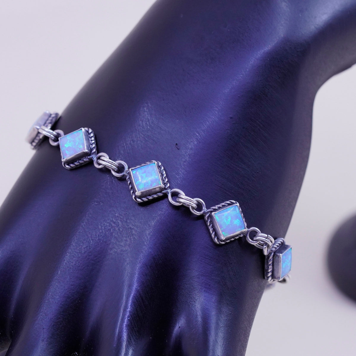 6.5+1”, vintage Sterling 925 silver tennis bracelet with opal and cable