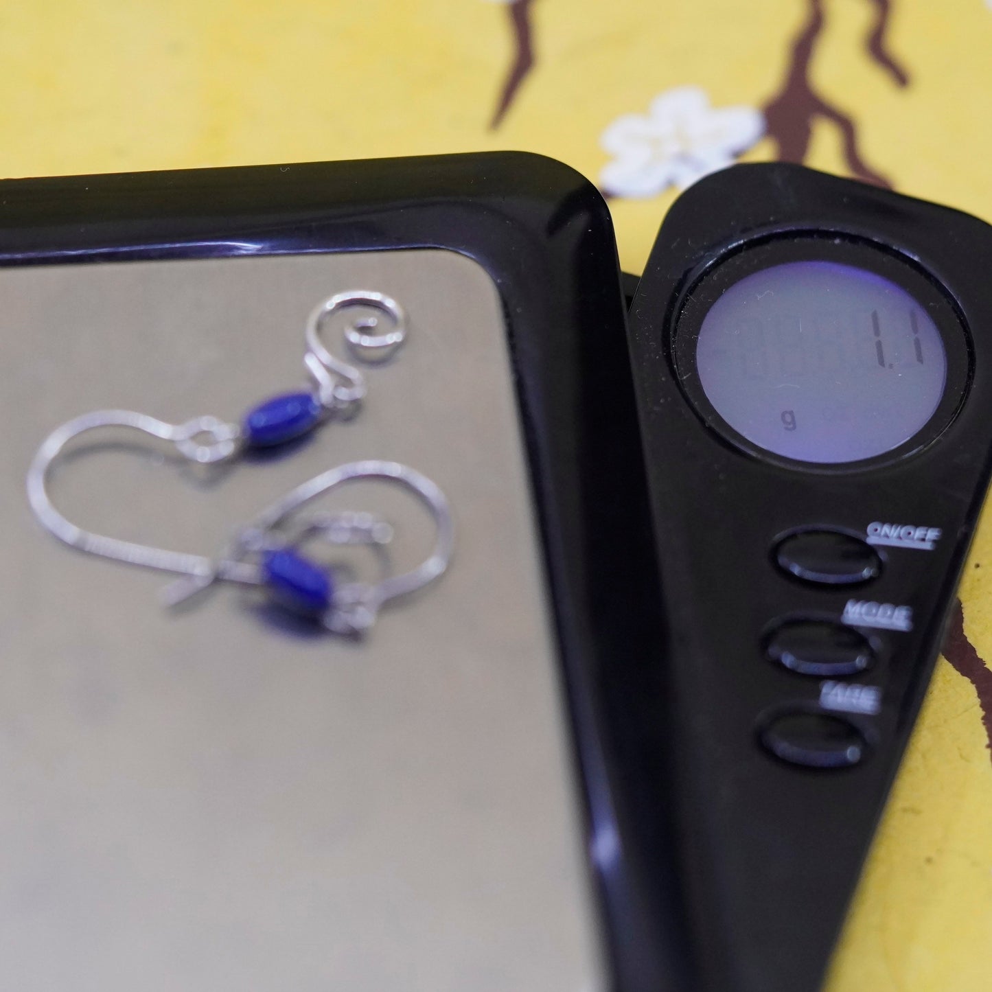 Vintage sterling silver handmade earrings, 925 swirly drops with lapis