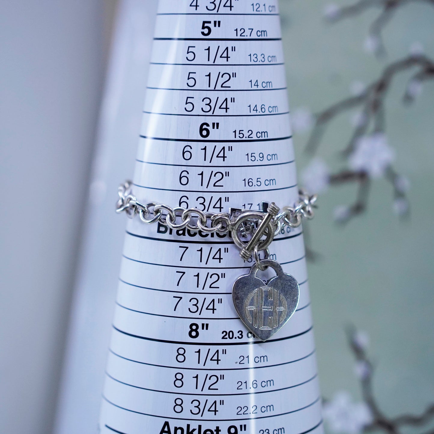 6.75”, sterling silver circle bracelet, 925 chain heart charm monogram “AEH”