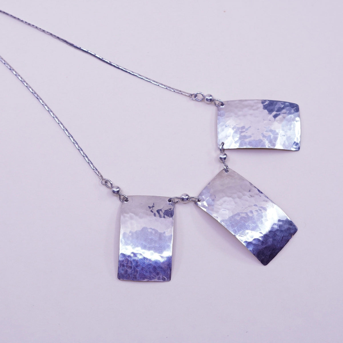 18”, Sterling silver necklace, 925 snake chain hammered rectangular pendant