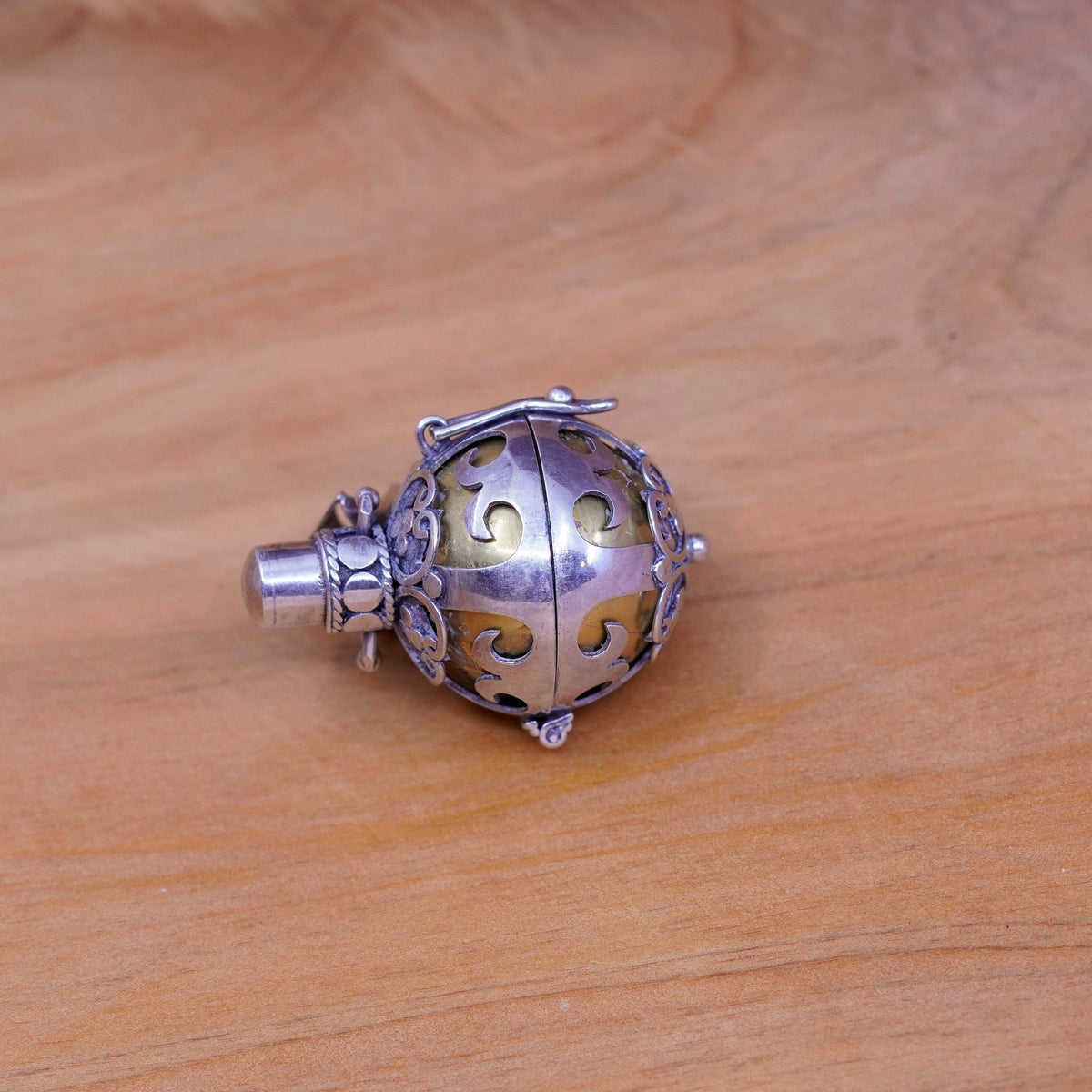Vtg Two Tone Bali Handmade Sterling 935 Silver Pendant W/ Brass Chime Ball
