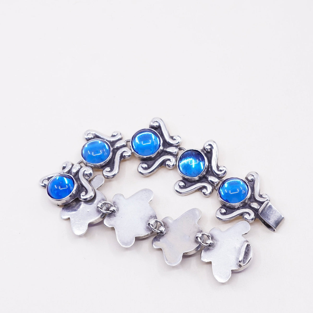 7.25”, vtg 50s lopez Sterling silver handmade bracelet, taxco 925 silver flower