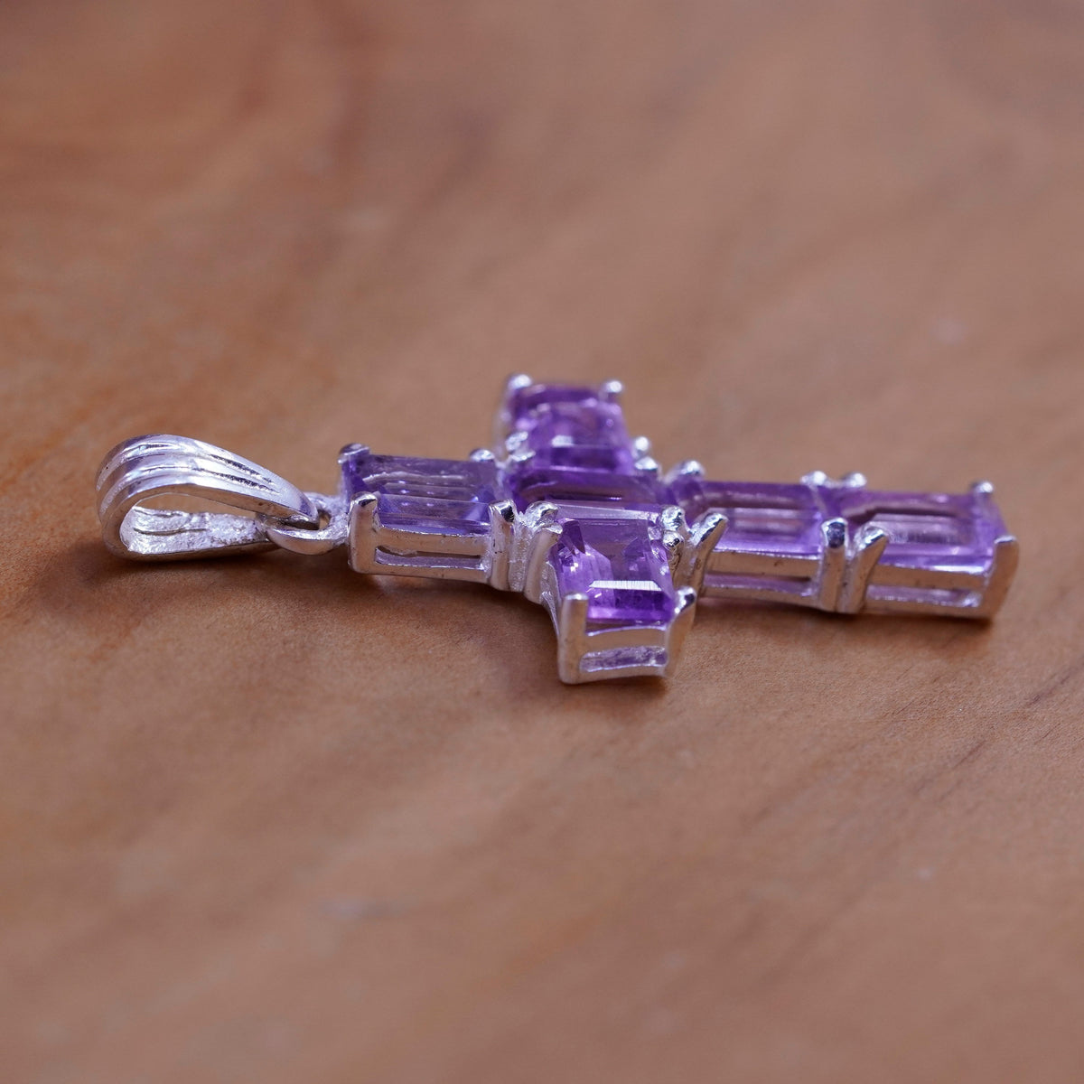 Vintage Sterling silver handmade pendant, 925 cross with Violet Cz, Christian