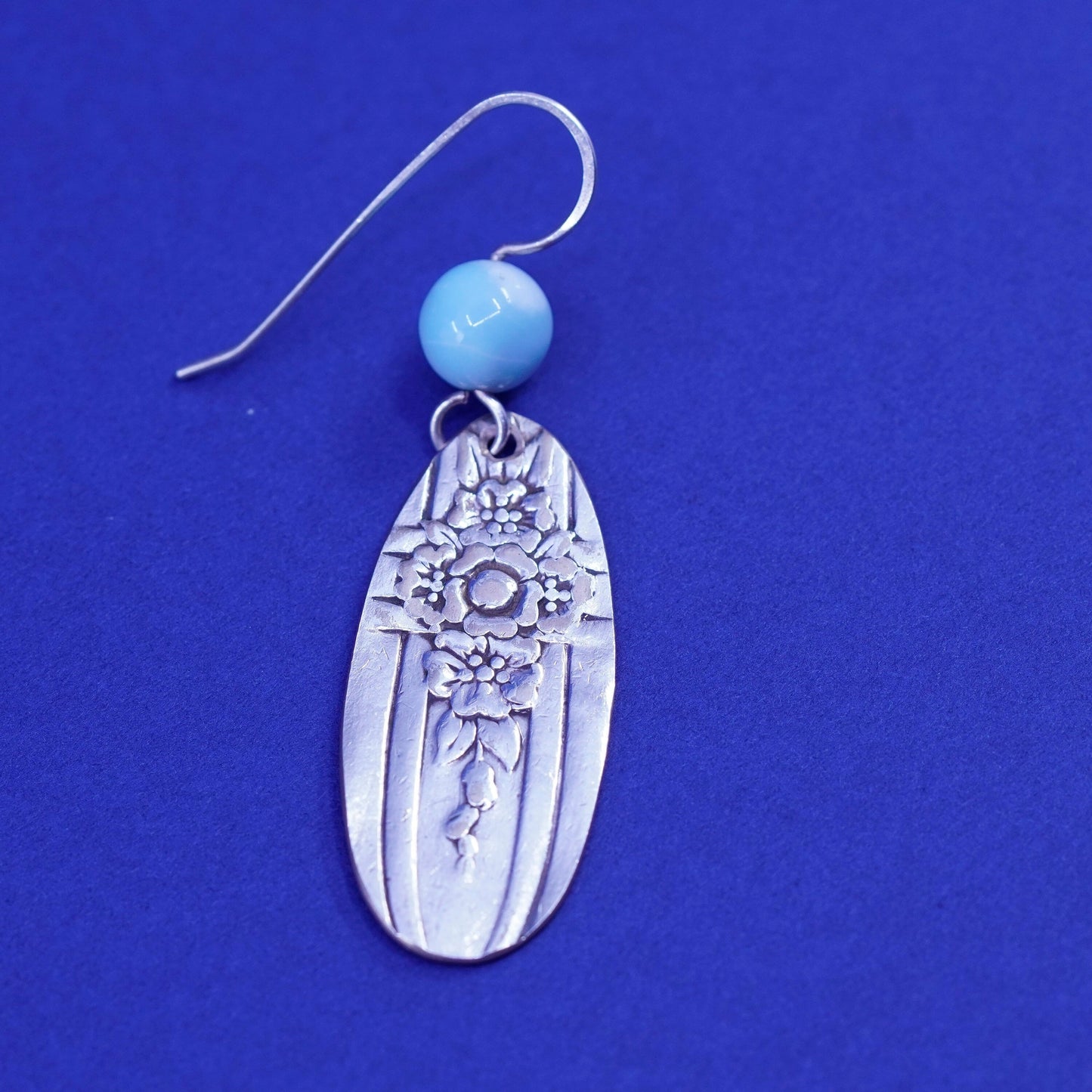 Vintage Sterling 925 silver handmade earrings with flatten spoon drops larimar