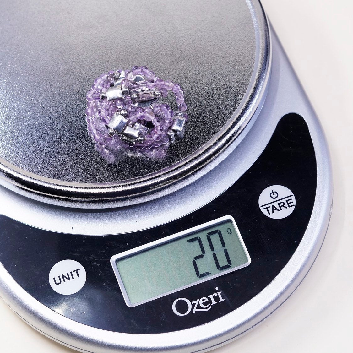 16”, vtg Sterling silver beads handmade necklace N amethyst flower pendant