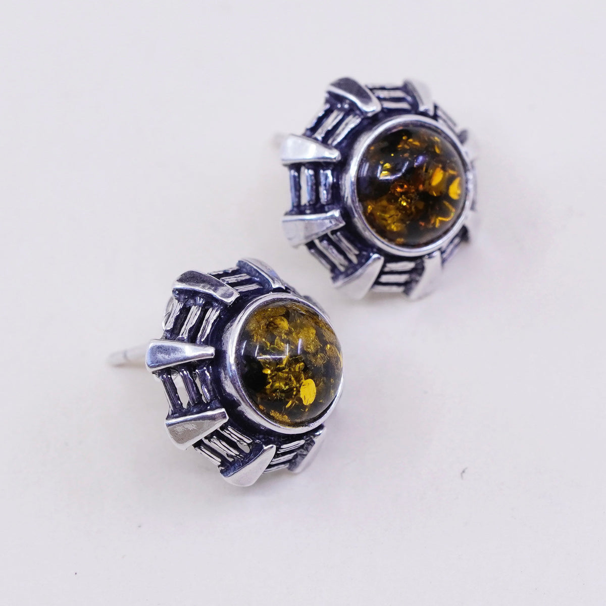 Sterling 925 silver handmade earrings with round Amber studs, southwestern