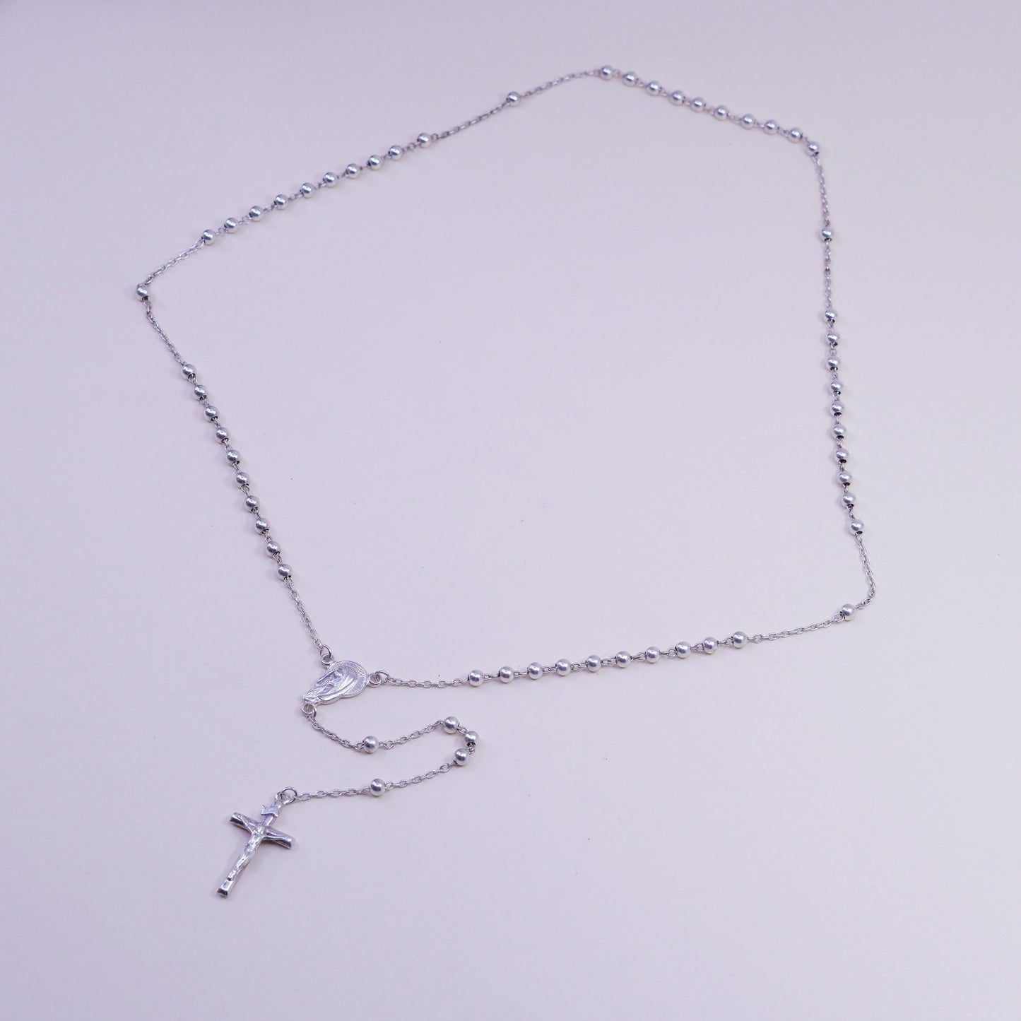 24”, Vintage Israel sterling silver rosary necklace circle chain cross pendant