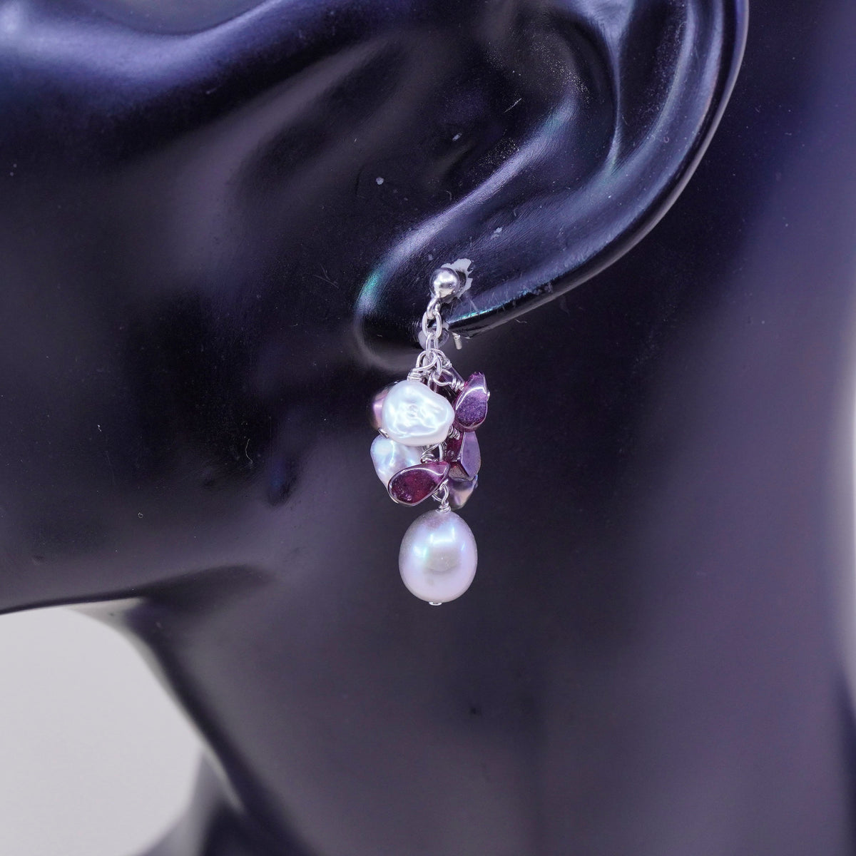 Sterling 925 silver handmade earrings with cluster gray pearl amethyst nuggets
