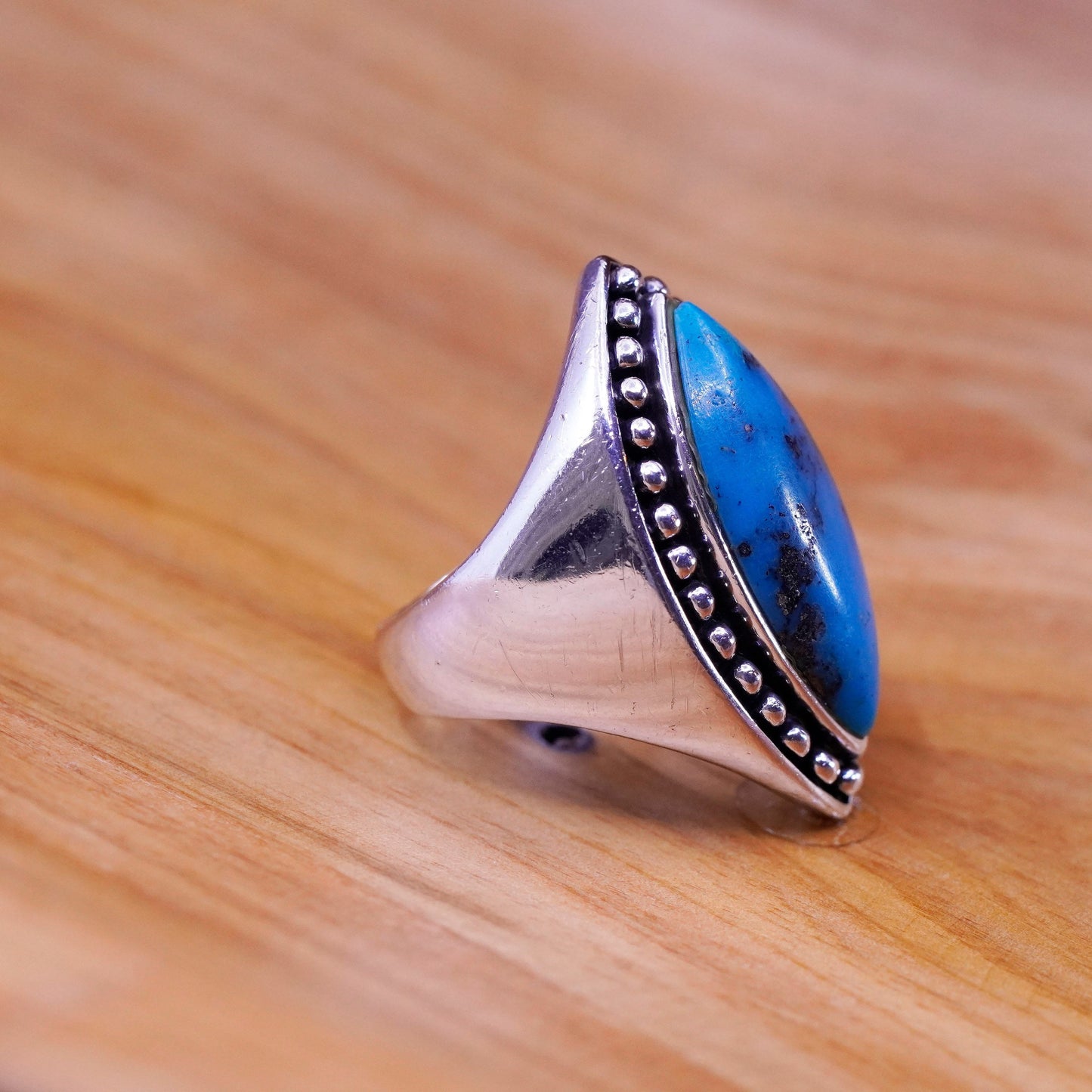 Size 9, vintage Sterling 925 silver handmade ring with marquise turquoise beads