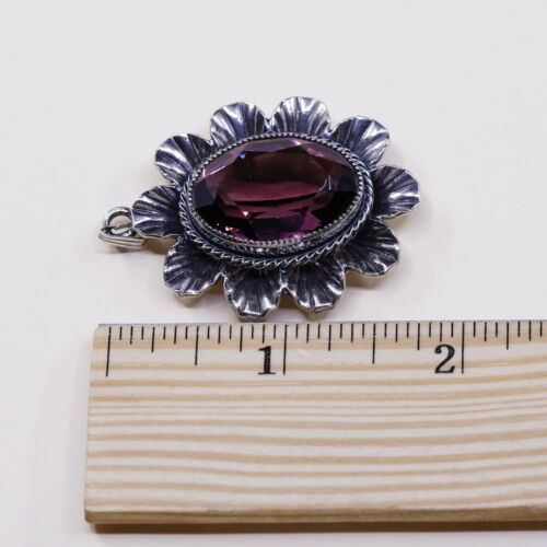 Vtg Danecraft Sterling silver pendant, Floral 925 w/ amethyst, stamped Sterling