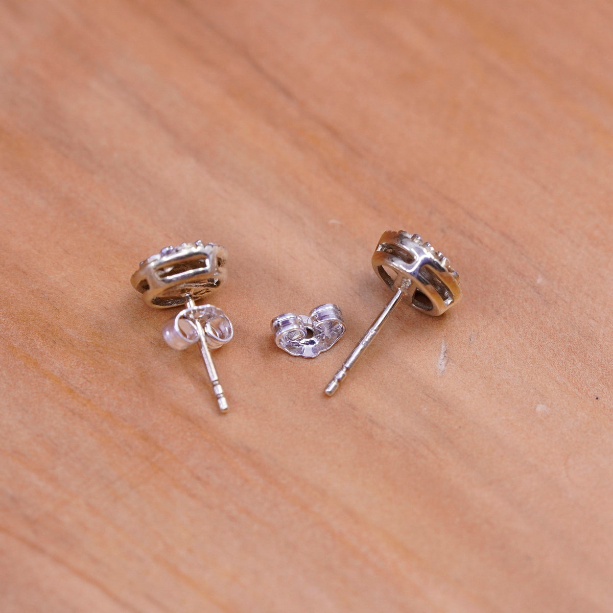 Vintage vermeil gold over Sterling silver earrings studs with genuine diamond