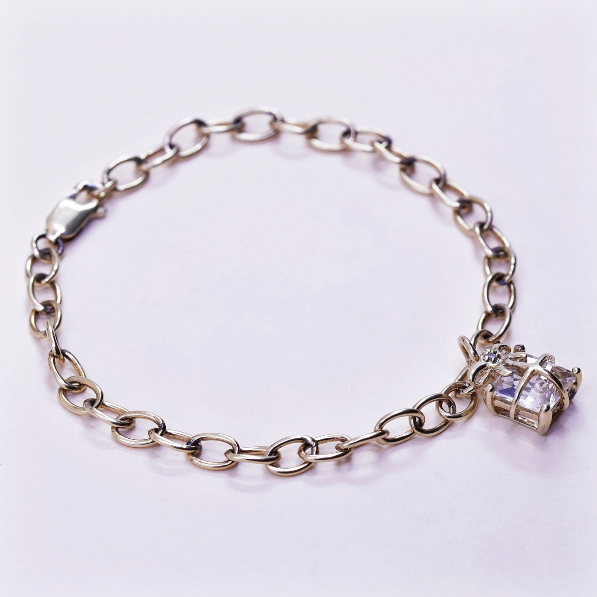 7.5”, vtg Vermeil gold over Sterling silver circle chain bracelet box charm cz