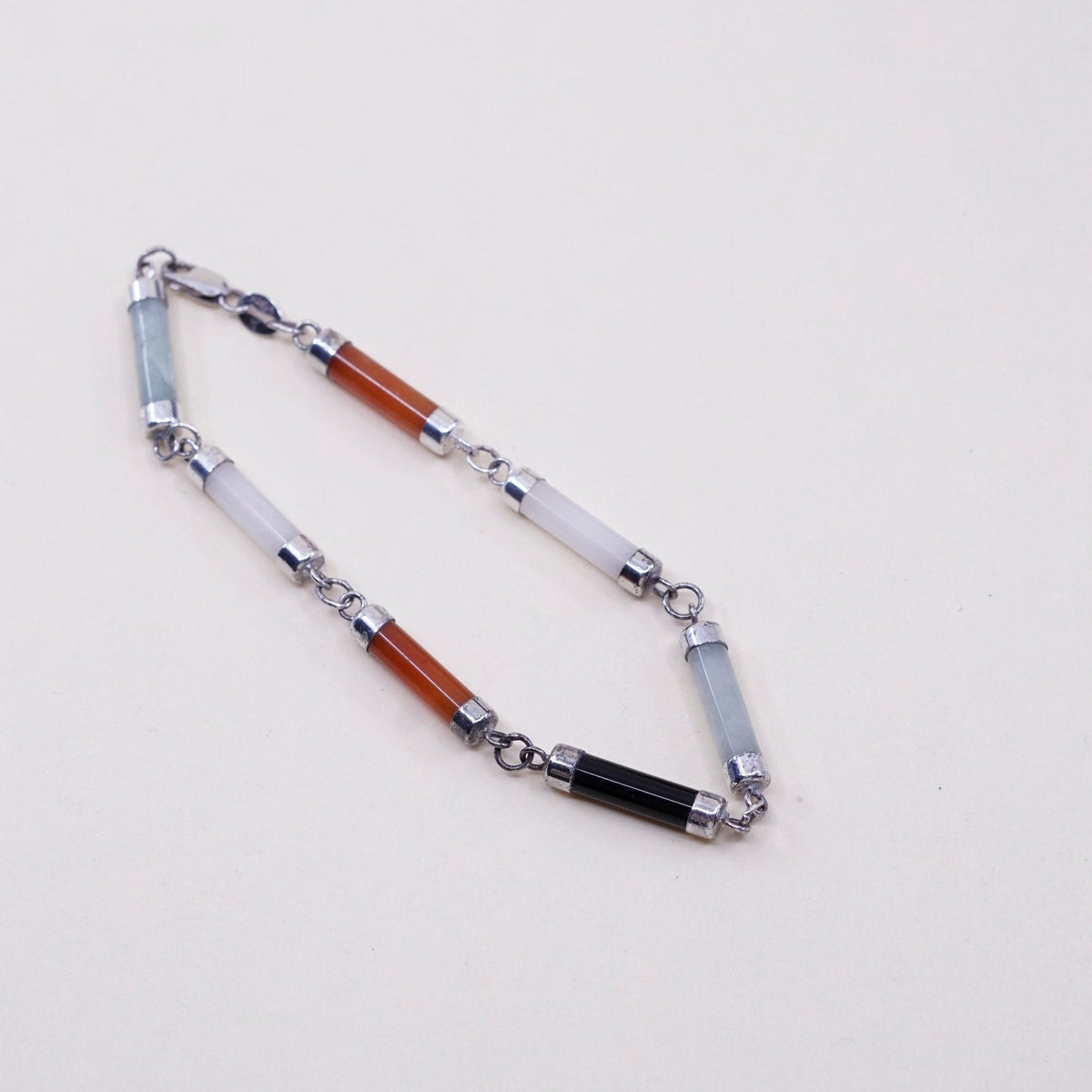 7”, vtg sterling 925 silver handmade bracelet w/ jade, carnelian, obsidian bar