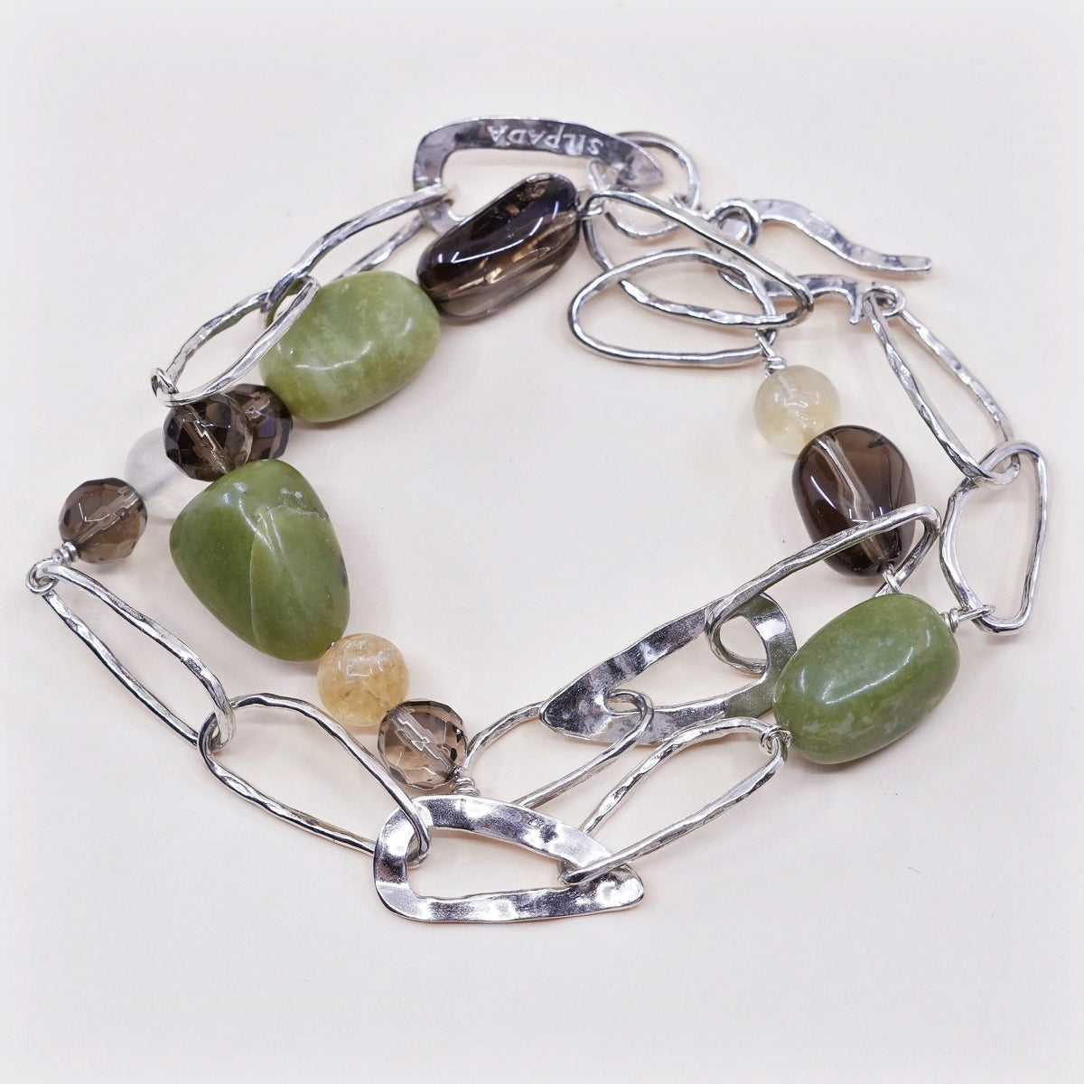 17”, vtg Sterling silver handmade necklace, 925 link chain w/ jade N topaz