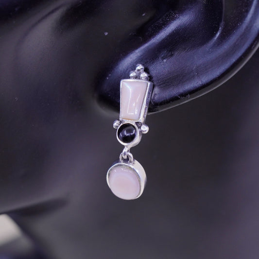 Vintage Sterling 925 silver handmade earrings with mother of pearl and obsidian