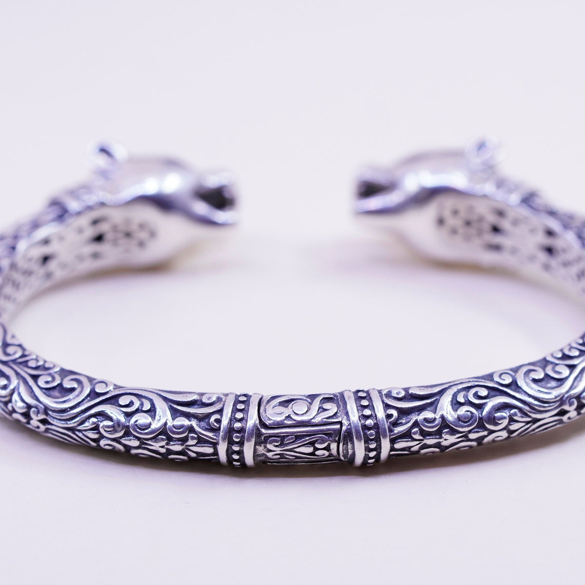 7”, designer 18K gold sterling silver Bali bracelet, 925 bangle leopard head