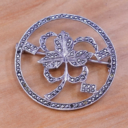 Vintage Ling handmade sterling silver brooch, 925 circle leaf flower marcasite