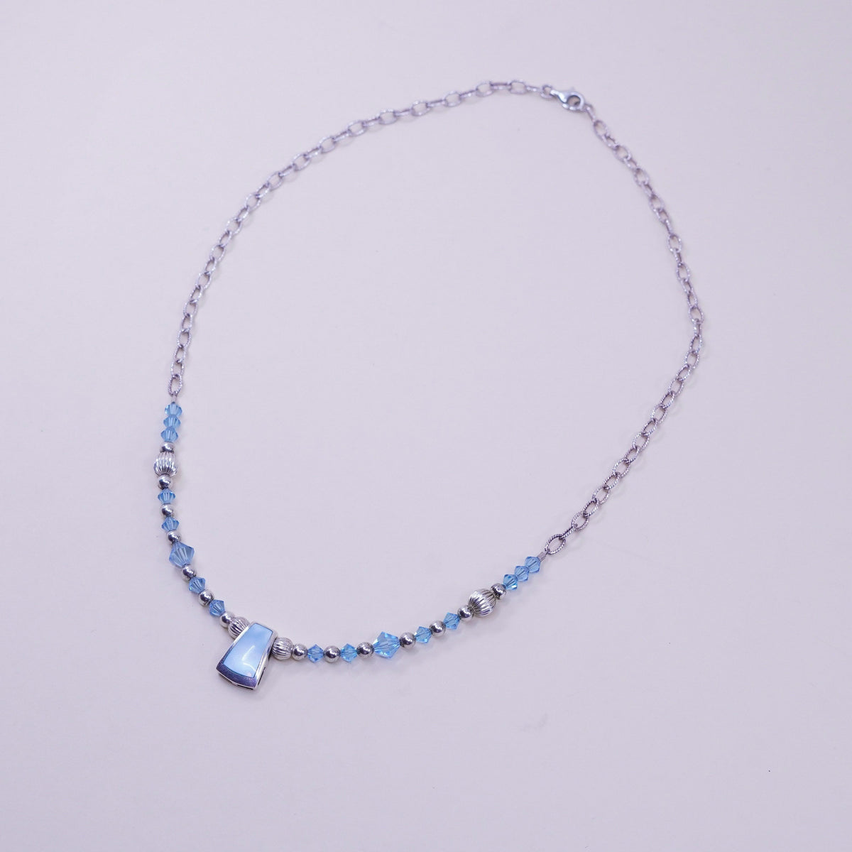17”, Sterling 925 silver necklace with crystal beads mother of pearl pendant