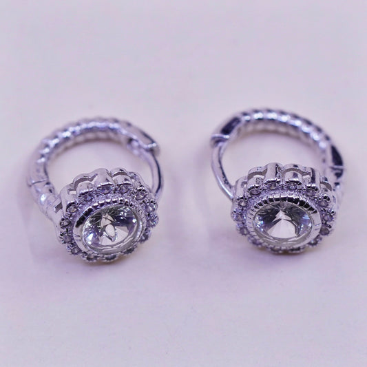 0.5”, Vintage sterling silver earrings, 925 hoops, huggie, with cz flower
