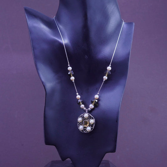 16”, JL Sterling 925 silver necklace, snake chain golden quartz pendant pearl