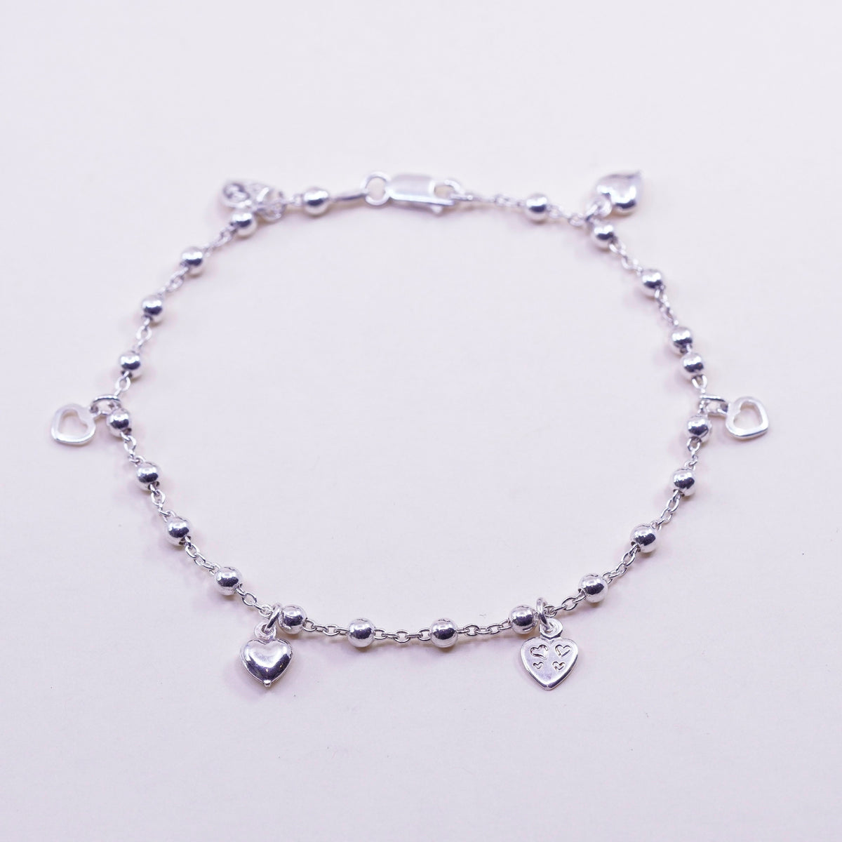 9.75”, sterling silver handmade anklet bracelet, 925 circle chain heart charms