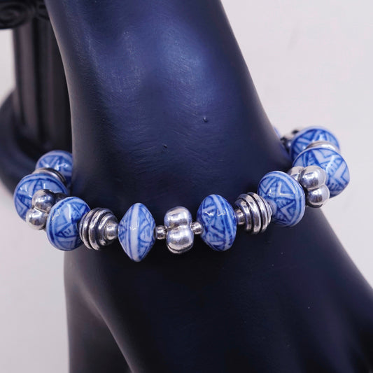 6.25”, VTG handmade bracelet glazed ceramic beads w/ 925 beads N toggle closure