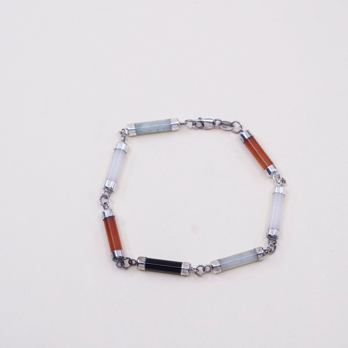 7”, vtg sterling 925 silver handmade bracelet w/ jade, carnelian, obsidian bar