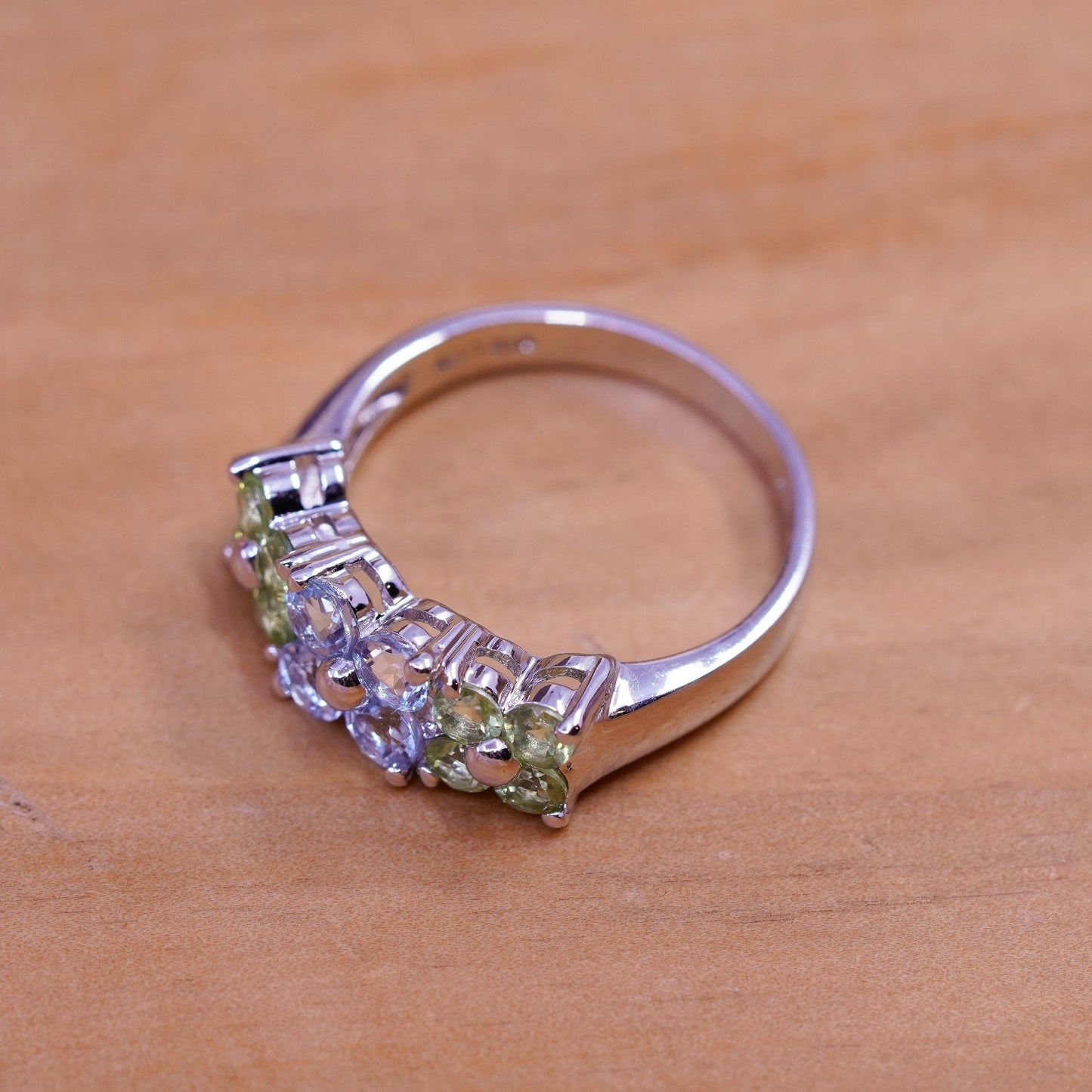 Size 8.25, vintage Sterling 925 silver handmade ring with peridot and topaz