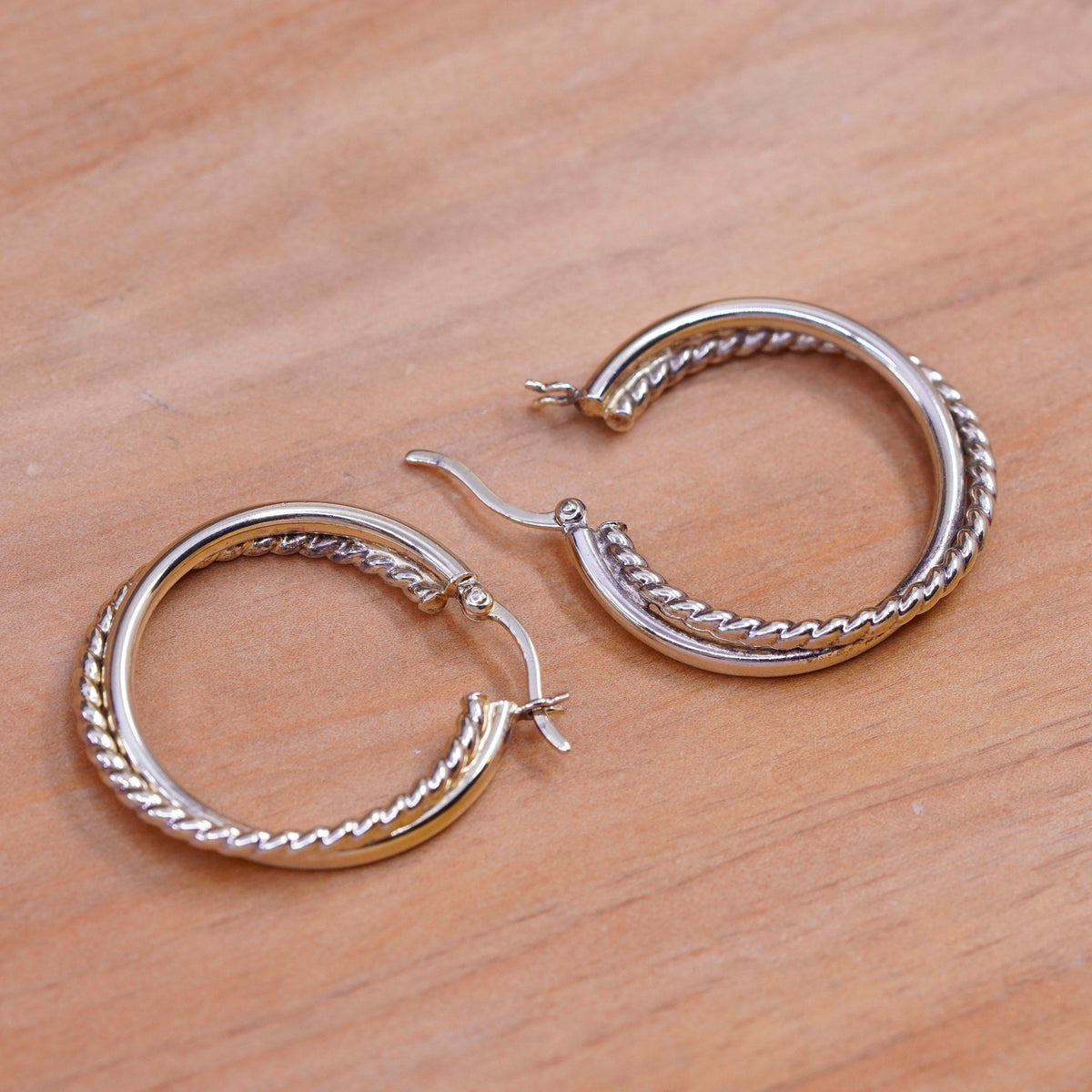 1”, vermeil gold over Sterling silver earrings, entwined 925 double hoops