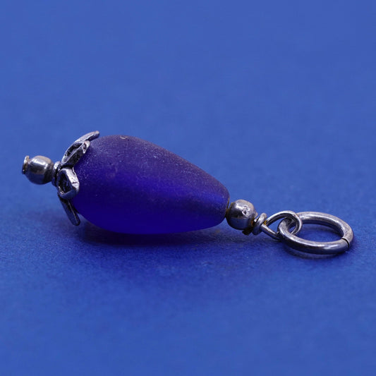 Vintage sterling 925 silver handmade pendant charm with blue teardrop glass