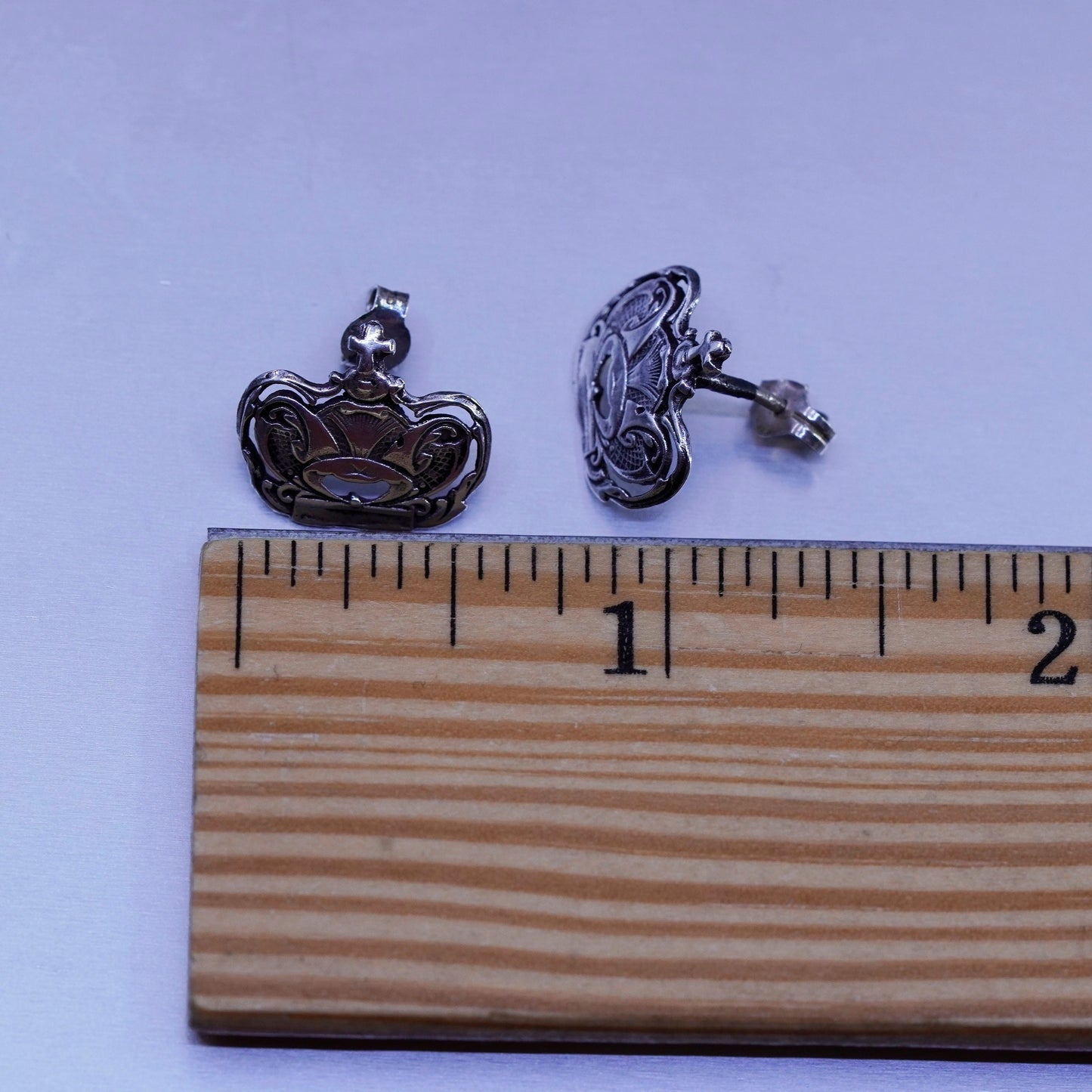 Vintage Sterling 925 silver handmade crown earrings, studs