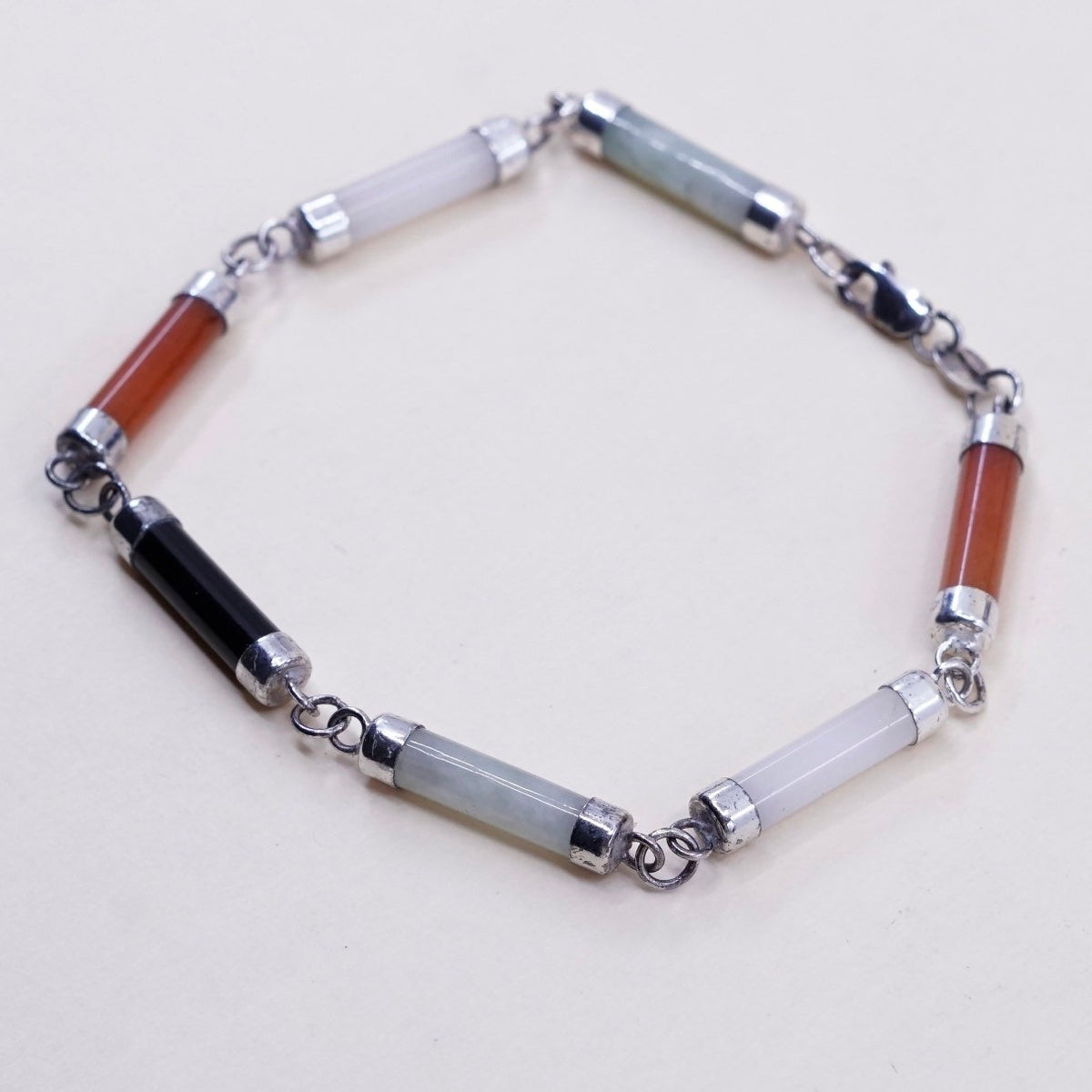 7”, vtg sterling 925 silver handmade bracelet w/ jade, carnelian, obsidian bar