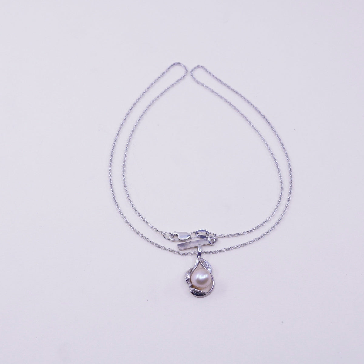 18”, vintage sterling 925 silver Singapore chain necklace pearl leaf pendant