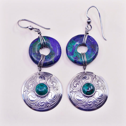 Vintage Sterling 925 silver handmade earrings with azurite and circle dangles