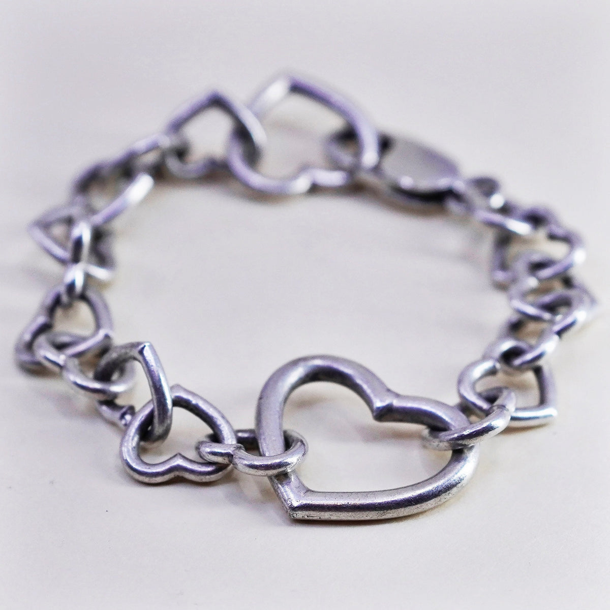 6”, Vintage sterling silver handmade link bracelet, 925 heart chain