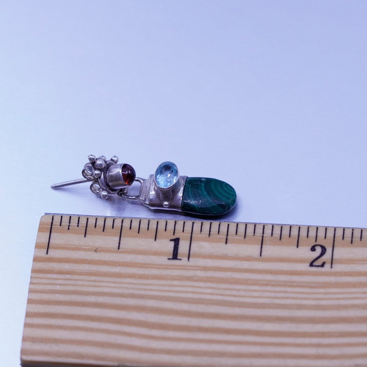 Vintage Sterling 925 silver handmade earrings with malachite topaz and garnet