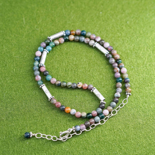 14+3”, vintage sterling 925 silver handmade necklace agate crystal jade beads