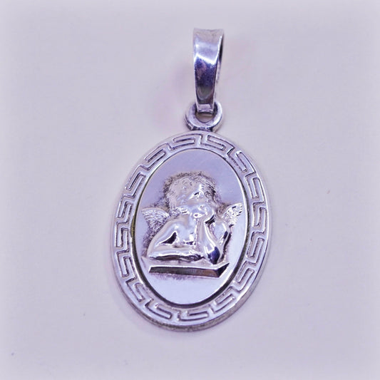 Vintage Sterling 925 silver handmade angel pendant with Greek key around