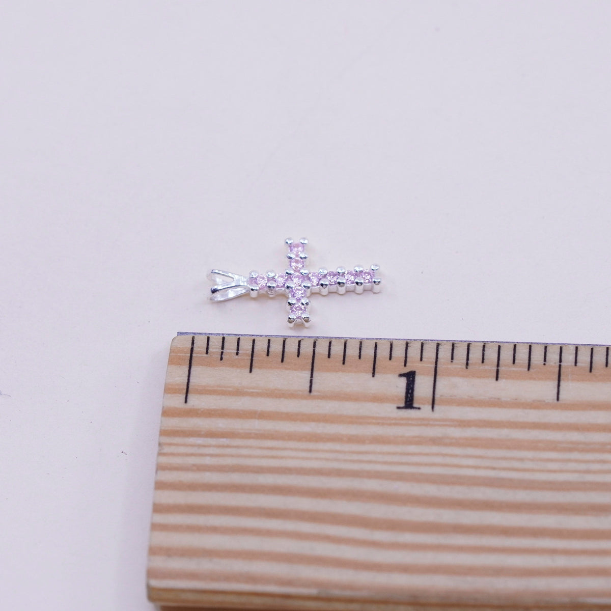 Vintage sterling silver pendant, 925 cross handmade charm with pink cz