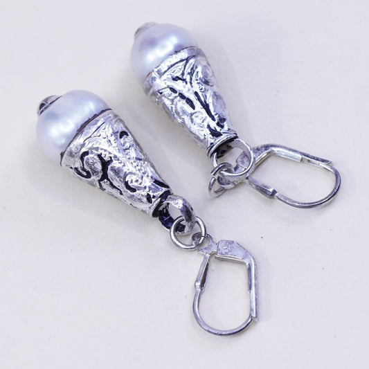 Vintage southwestern sterling silver handmade earrings, 925 teardrop with pearl