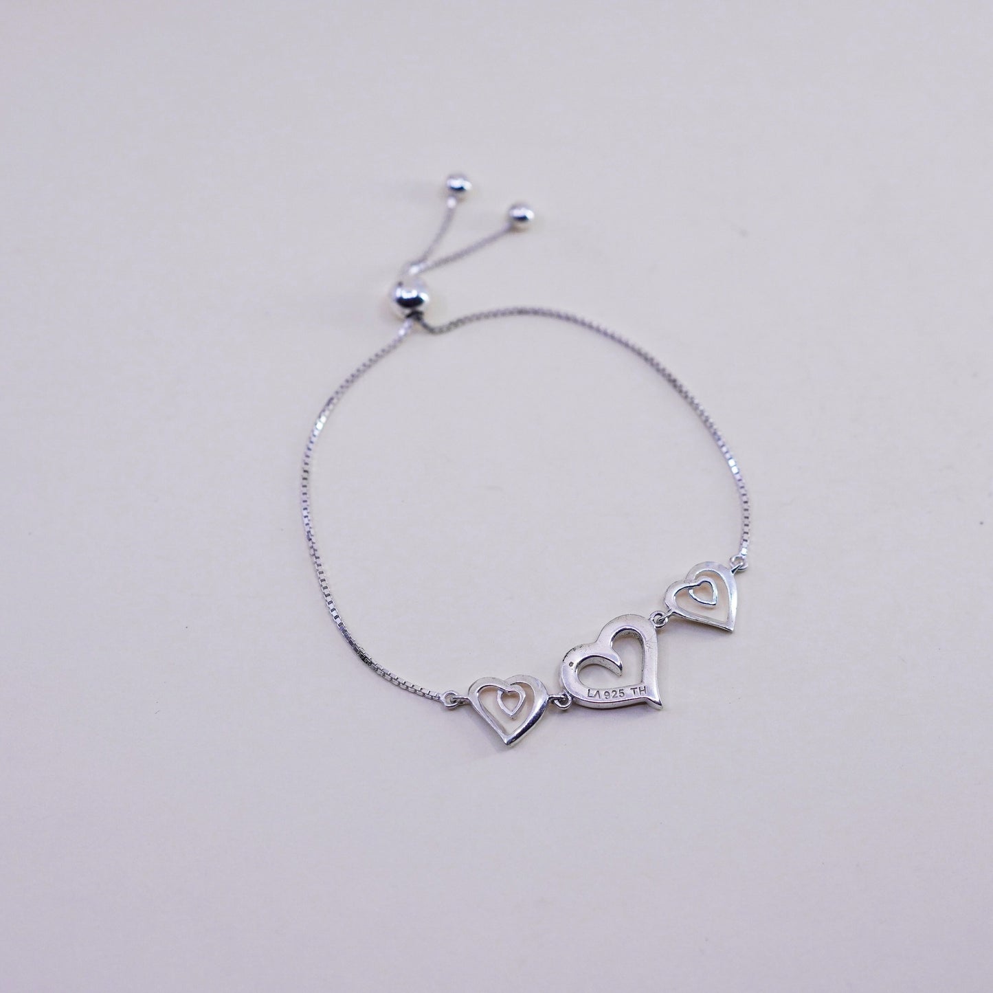 Size adjustable, sterling silver bracelet, fine 925 box chain heart and cz