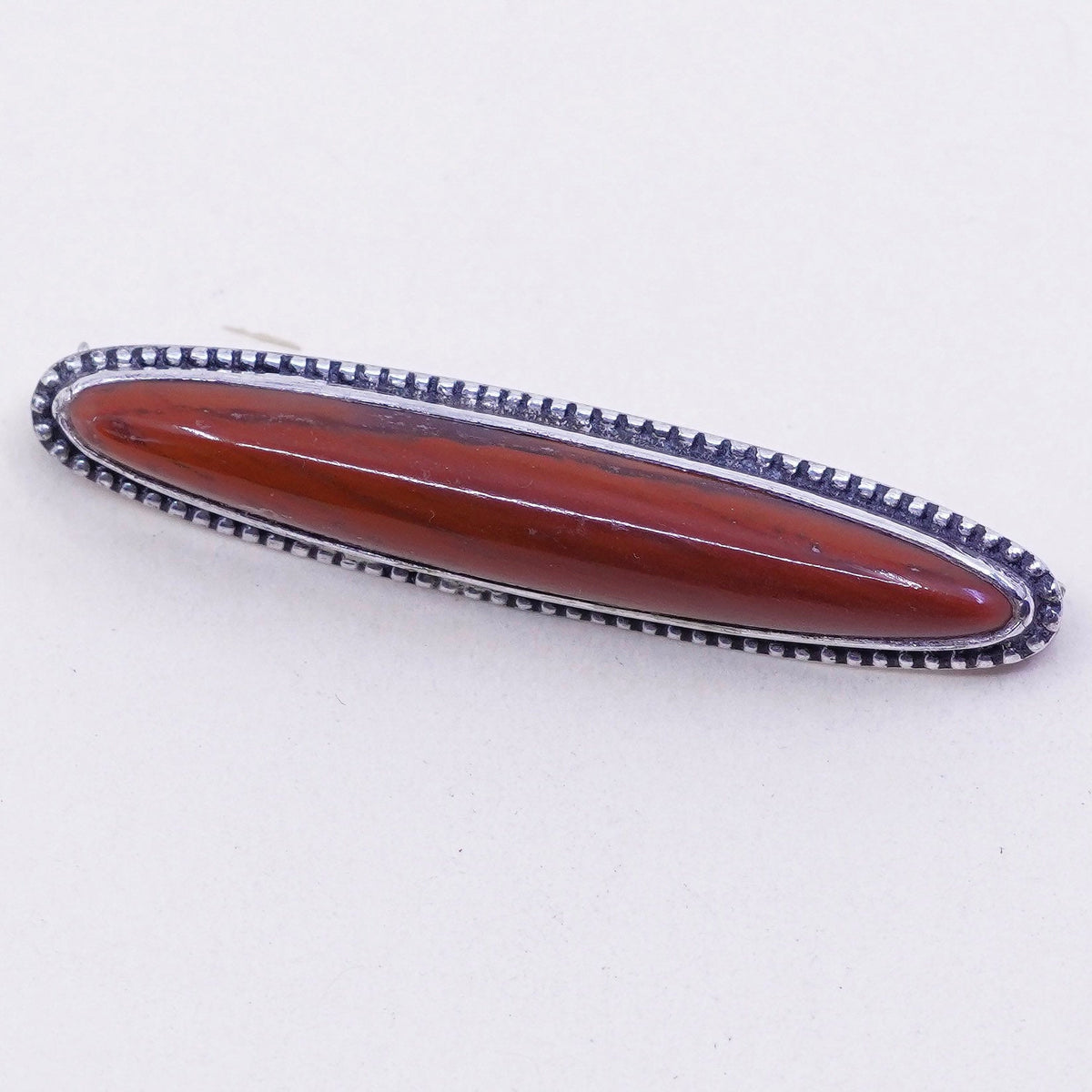 Vintage sterling silver handmade brooch, 925 bar with jasper and beads around