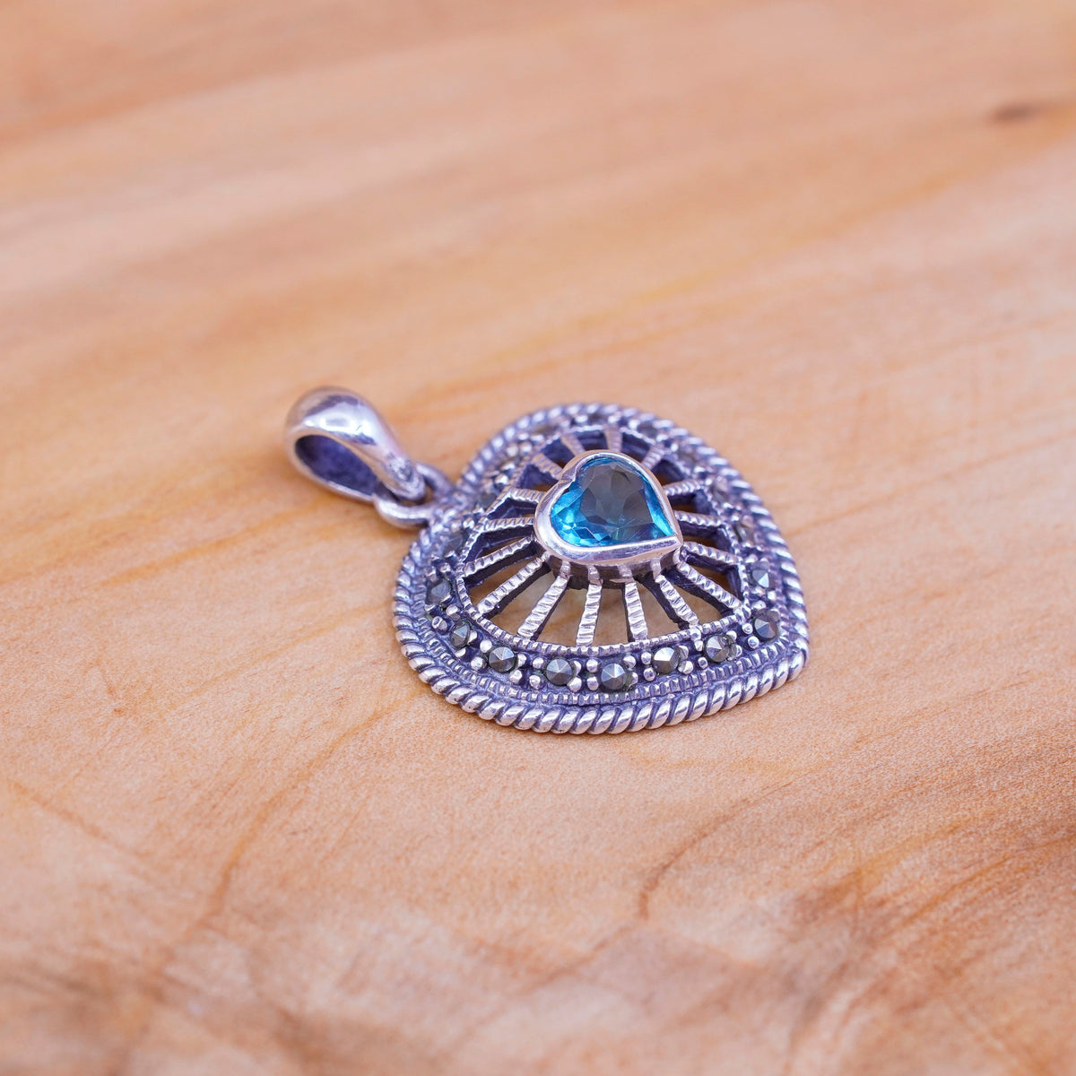 Sterling 925 silver handmade filigree heart pendant w/ blue topaz and Marcasite