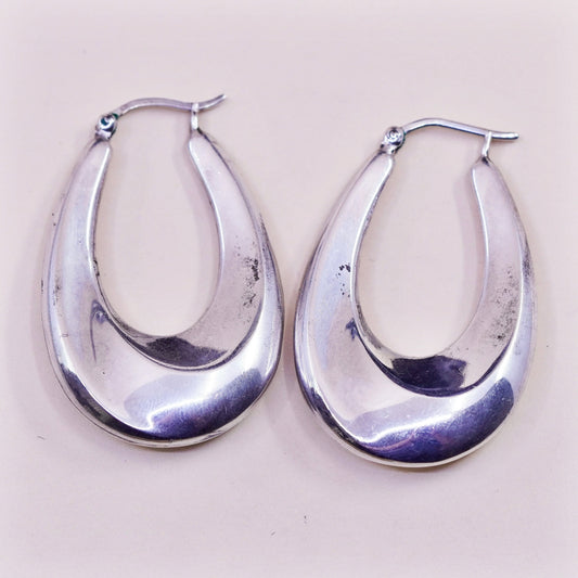 1.25” Vintage sterling silver oval earrings, minimalist primitive Huggie hoops