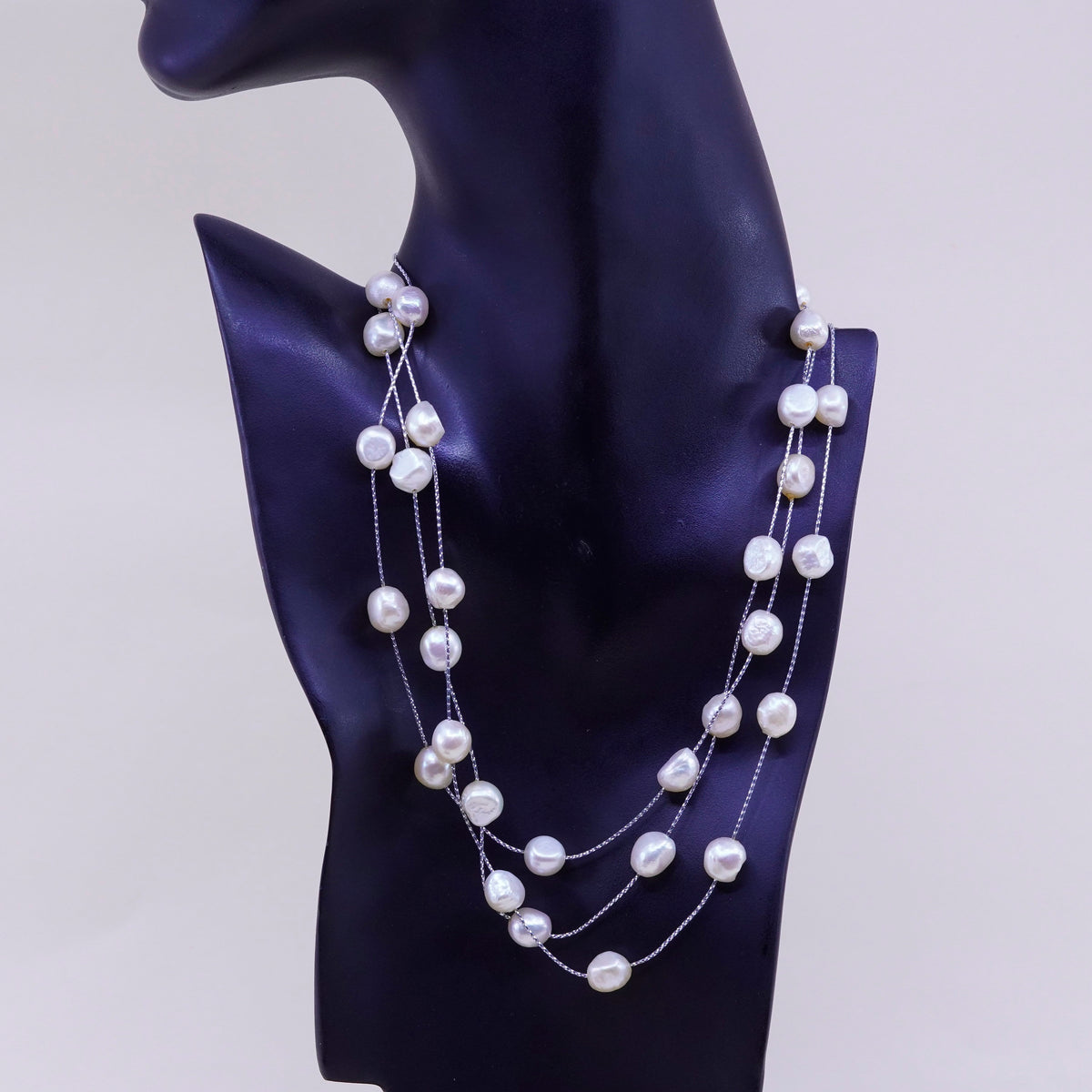 17”, Vintage handmade multi strands Sterling silver wheat chain pearl beads