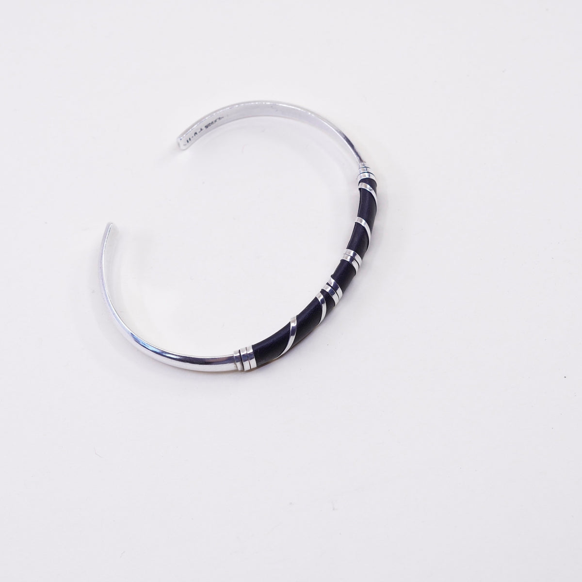 7.25”, vintage Sterling silver handmade cuff, mexico 925 bracelet black leather