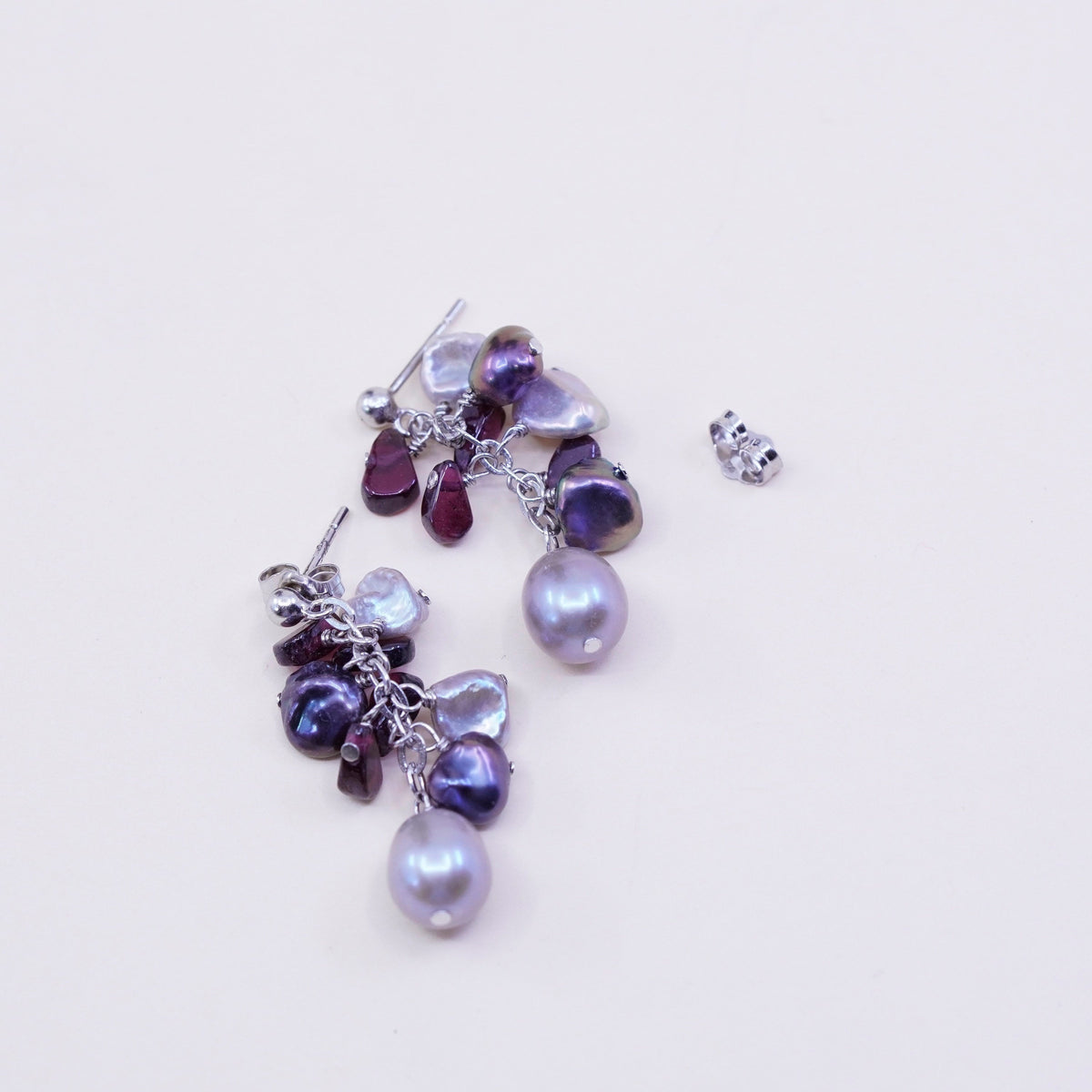 Sterling 925 silver handmade earrings with cluster gray pearl amethyst nuggets