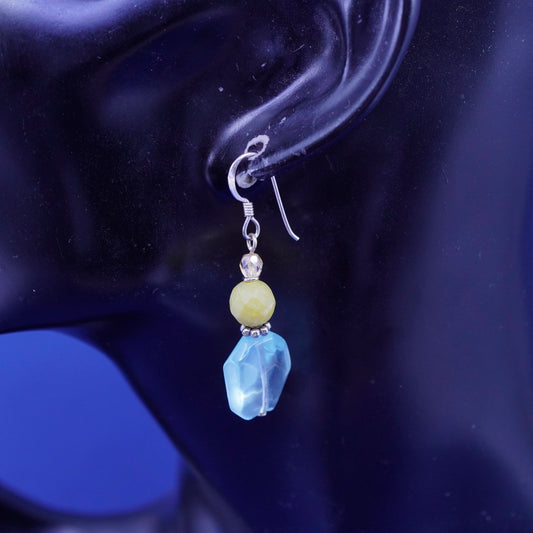 Vintage Sterling 925 silver handmade earrings with blue crystal and jade bead
