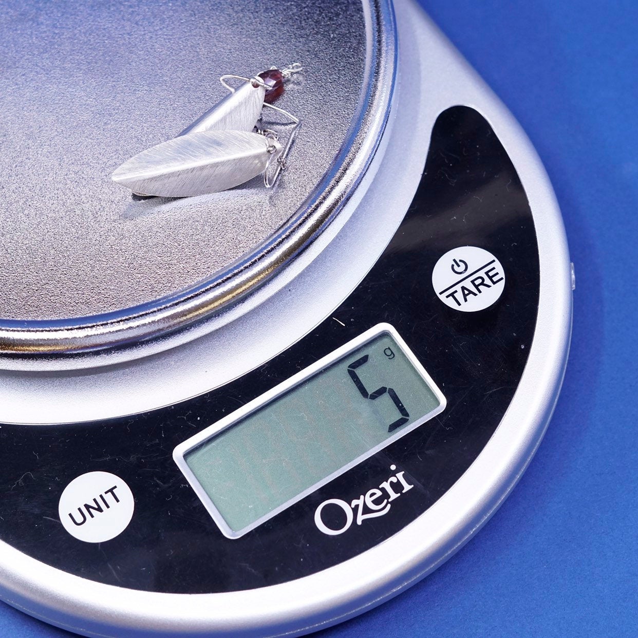 vtg modern sterling silver handmade earrings, 925 leaf drops w/ garnet bead